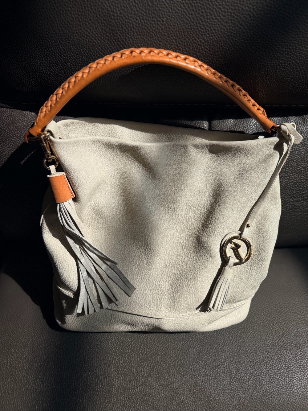 Cream Leather Hobo Bag with Tan Braided Handle